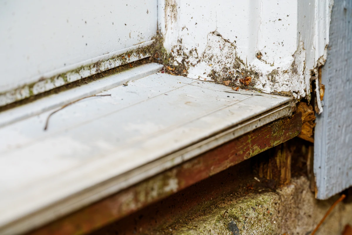 Rotted exterior door threshold showing moisture damage and deteriorating wood