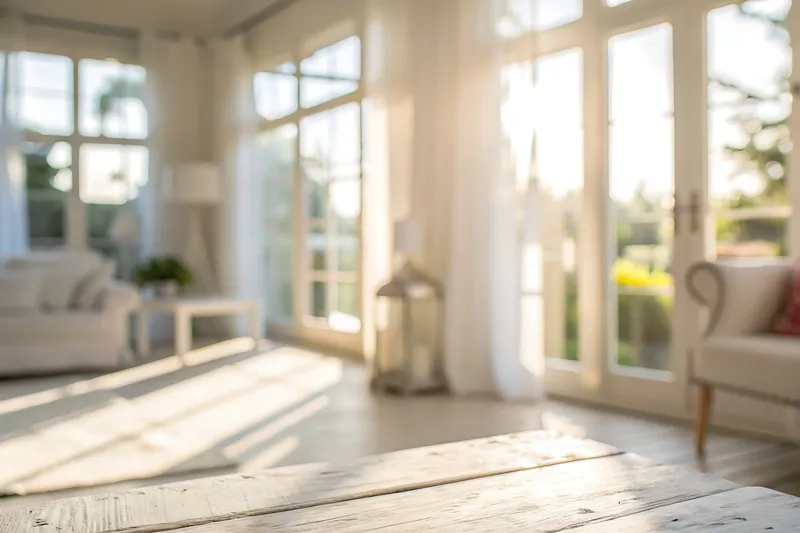 Sunny room with lots of windows and full glass doors.