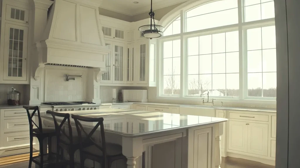 Bright modern kitchen with large windows.