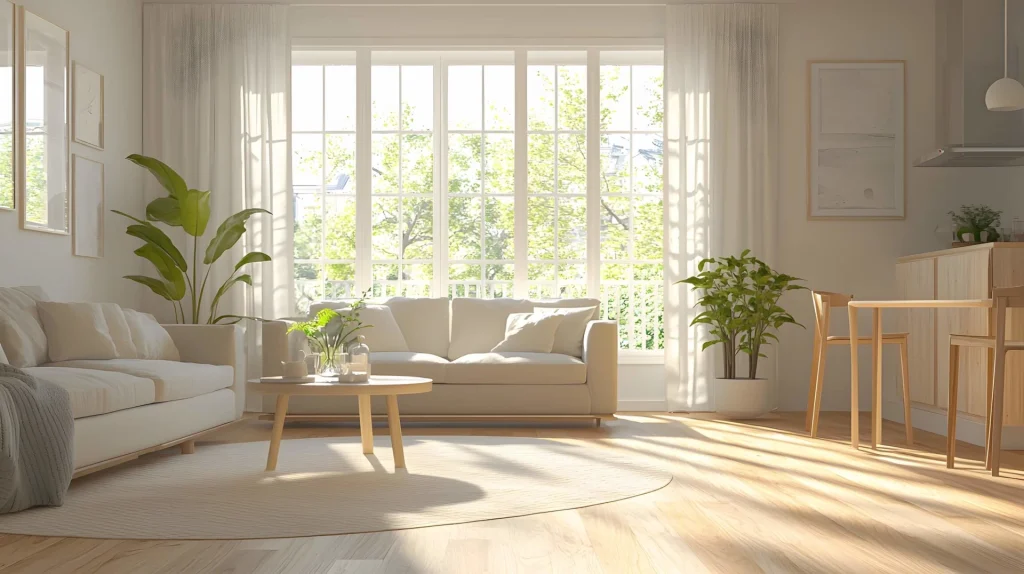 Bright living room with large replacement windows bringing in natural light