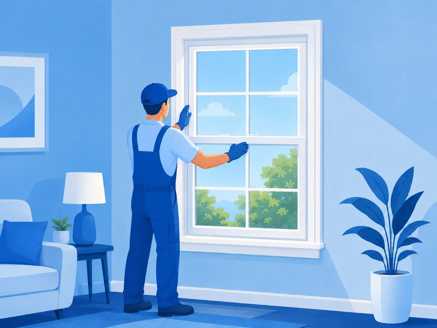 Illustration of a window installer inspecting a white double-hung replacement window inside a home.