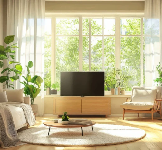 cozy living room with large windows daylight