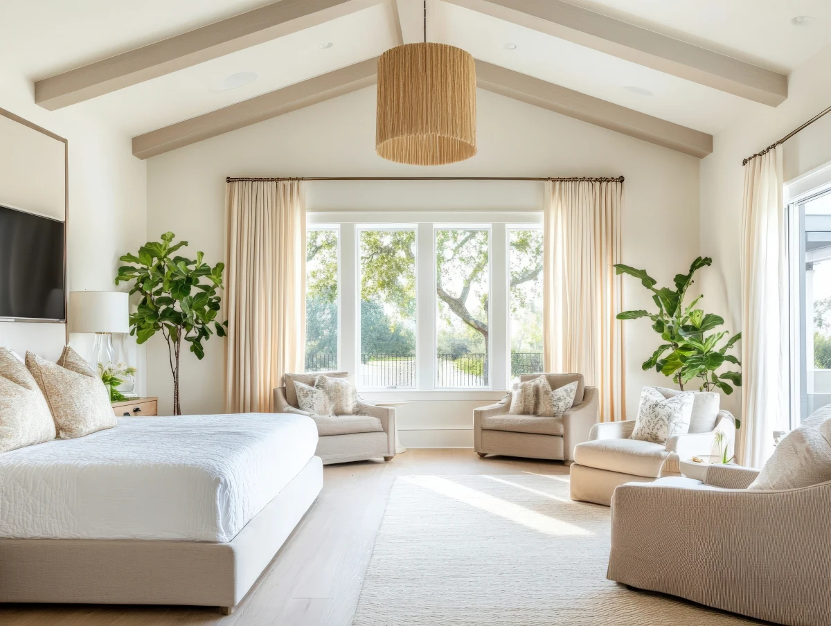 Bright bedroom with new bay replacement windows