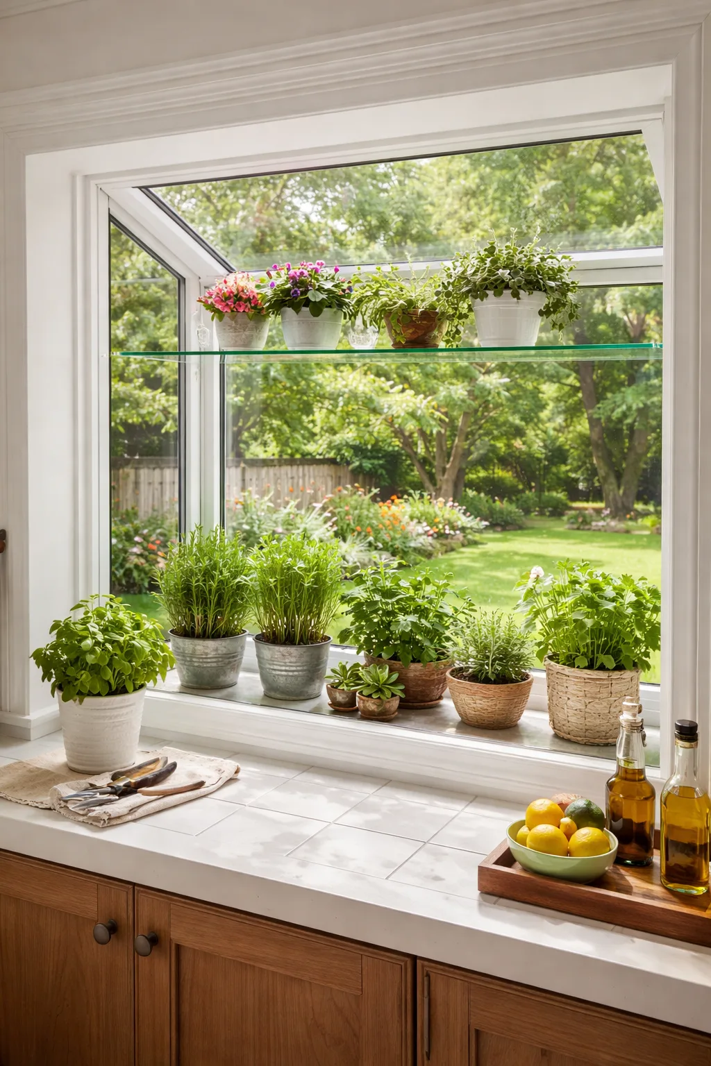 garden window extending outward with shelves and bright natural light