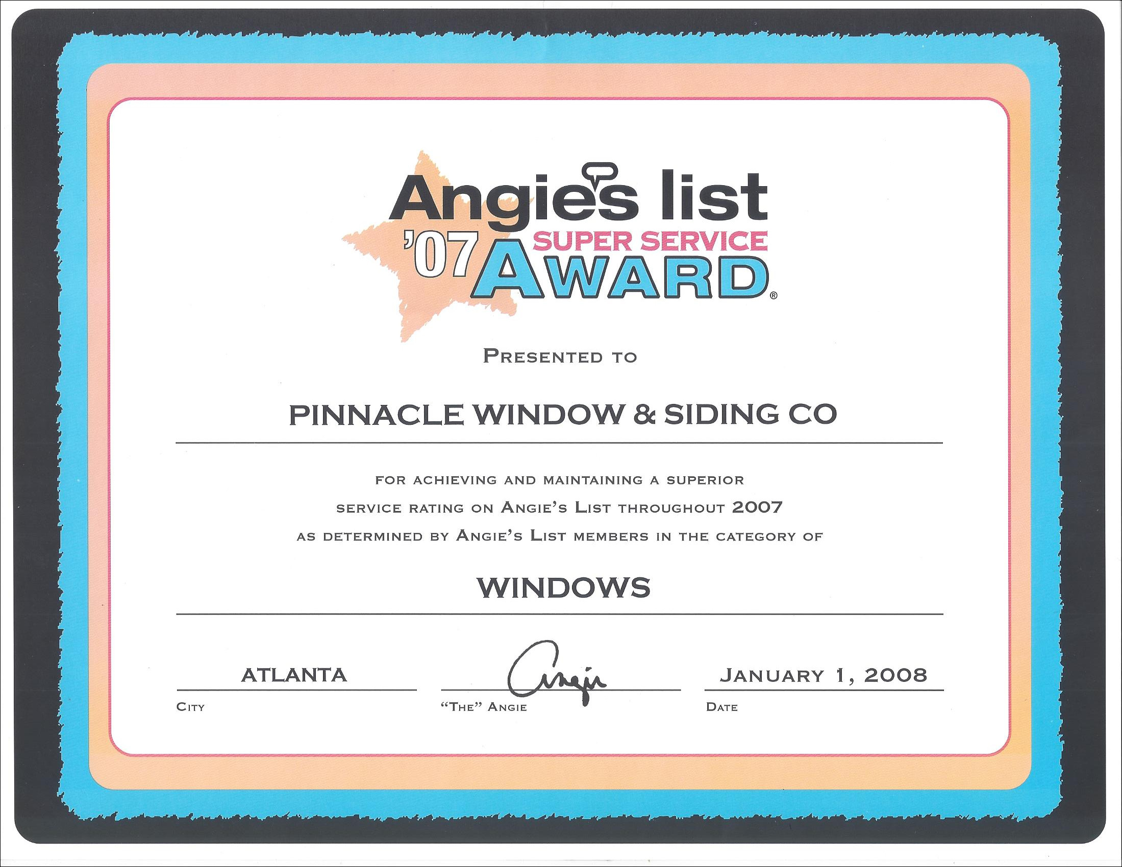 Angie's List windows award 2007