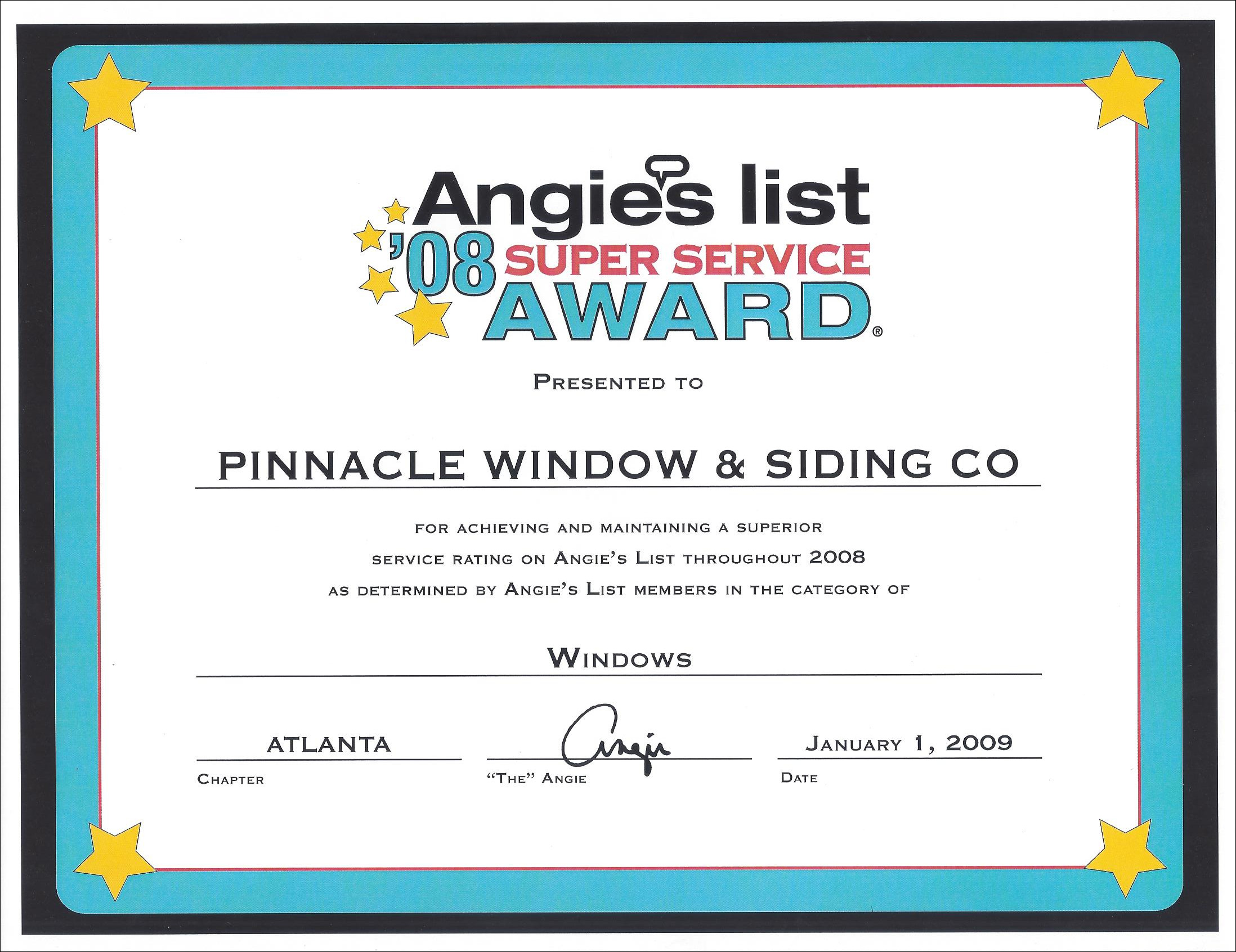 2008 Angie's List windows award