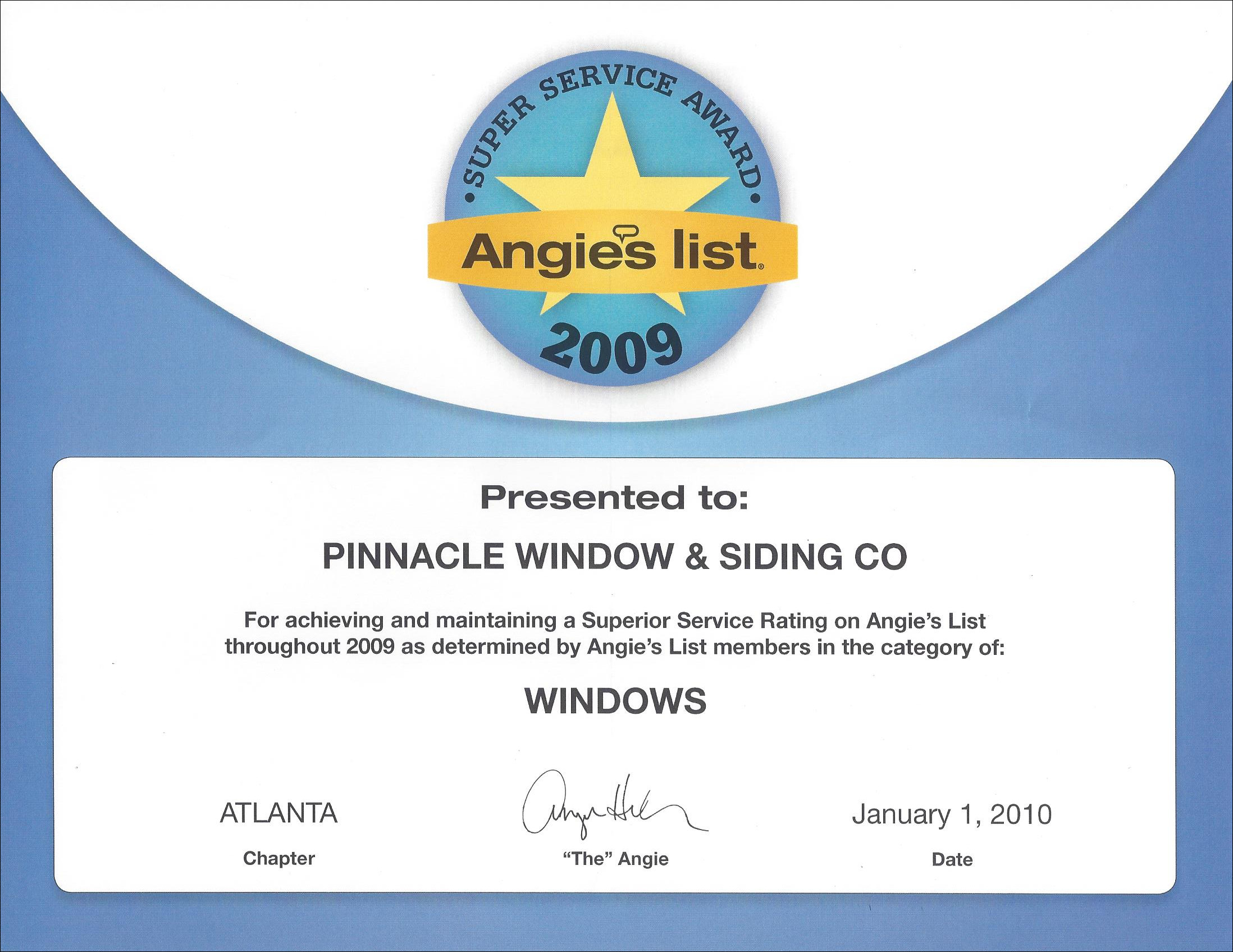 Angie's List windows award 2009