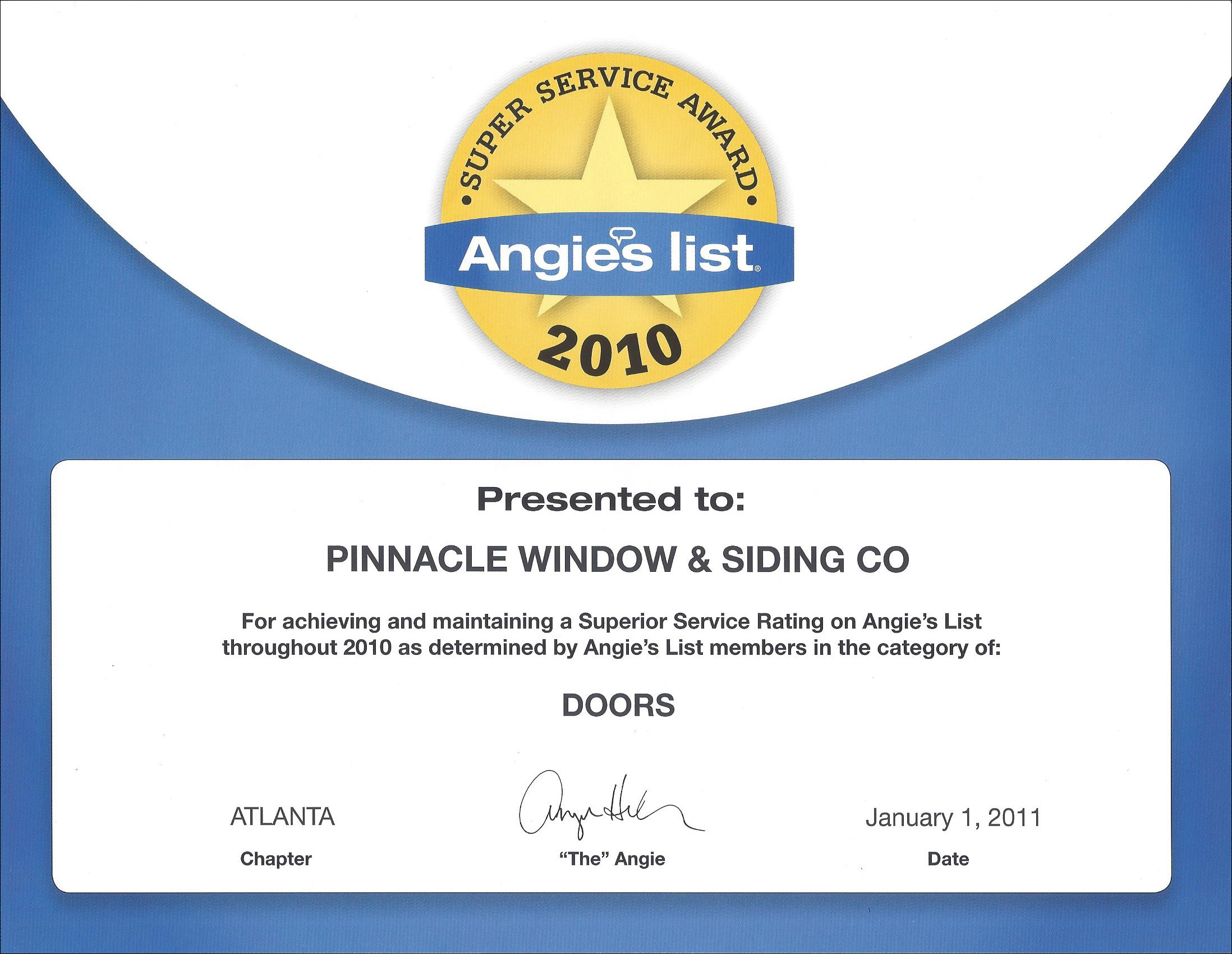 Angie's List award doors 2010