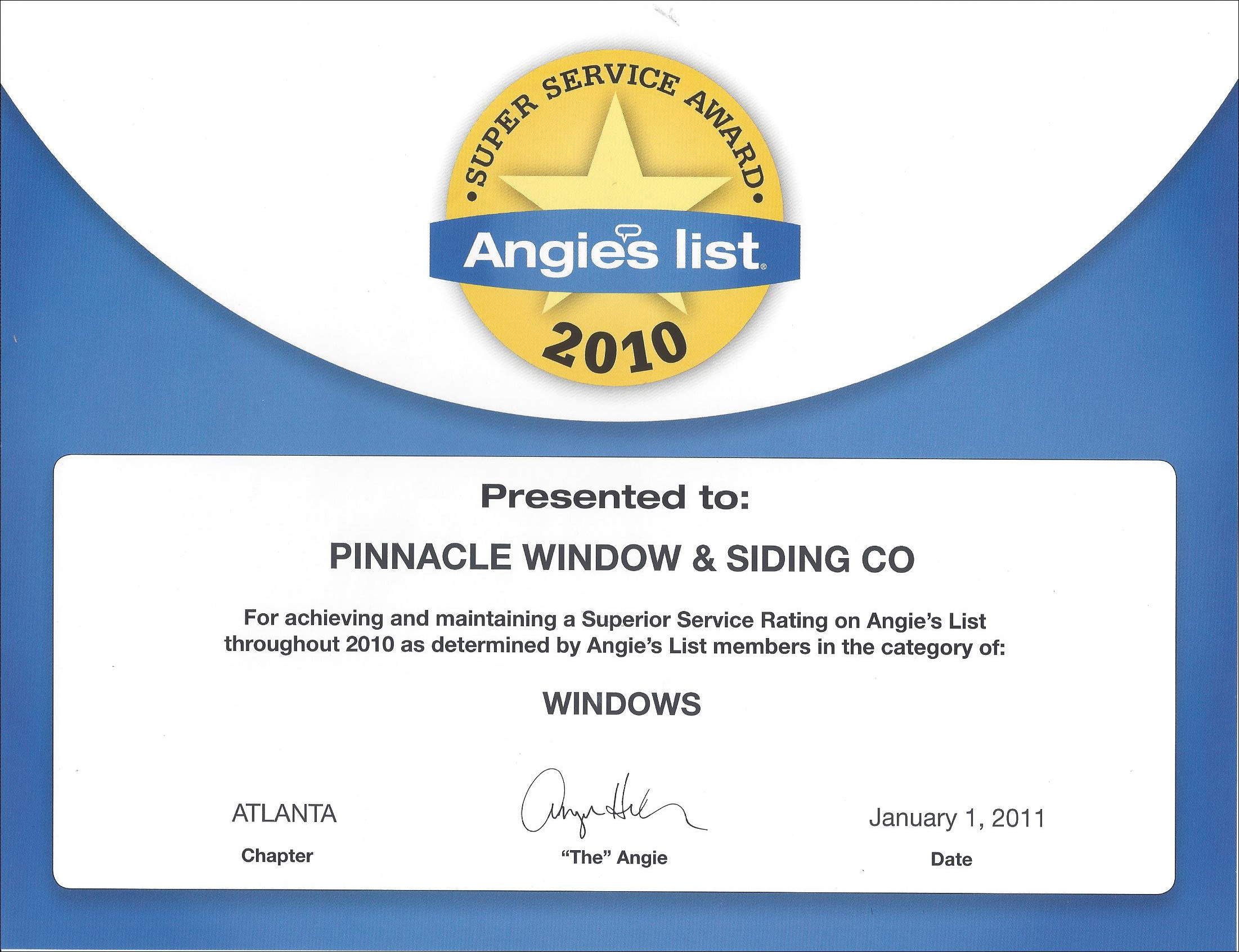 Angie's List award windows 2010