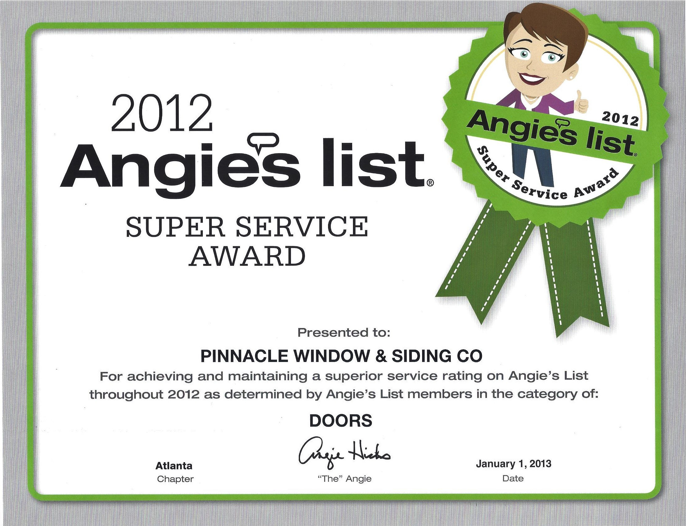 Angie's List award windows 2012